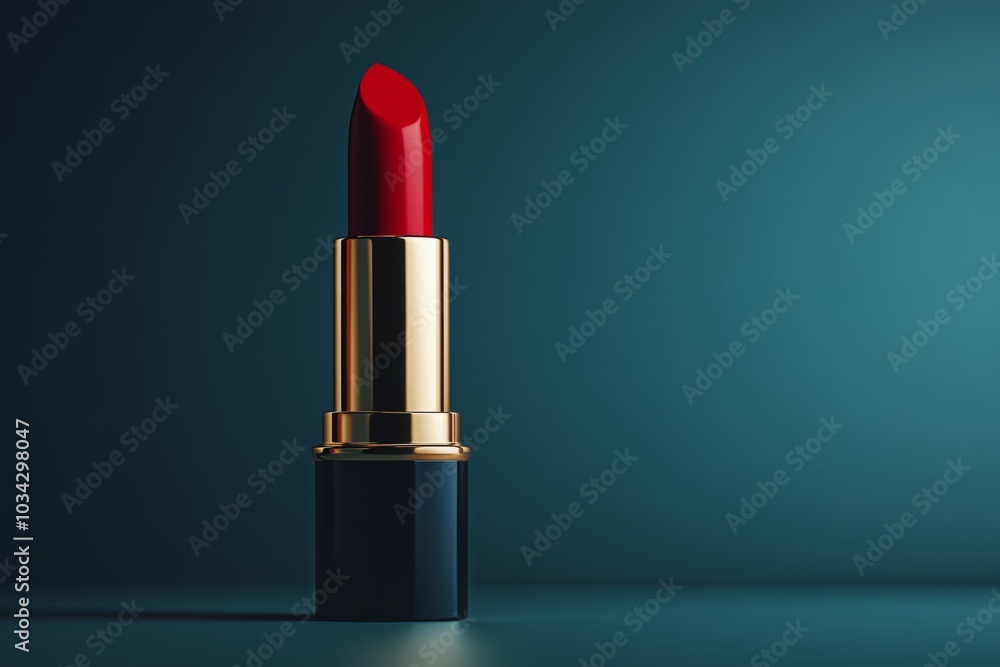 Red lipstick standing on dark blue background with copy space. Copy space for text Red lipstick standing on dark blue background with copy space. Copy space for text