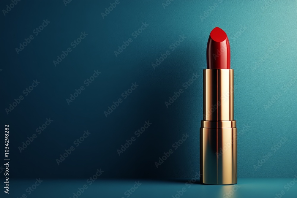 Red lipstick standing on blue background with copy space Red lipstick standing on blue background with copy space