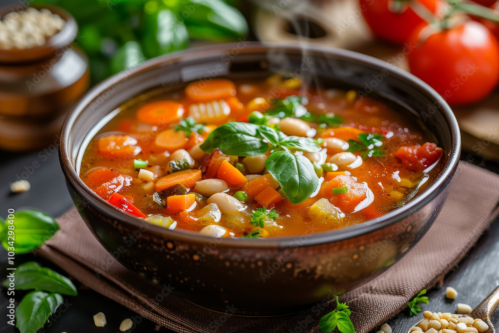 A steaming bowl of vegetable soup filled with colorful carrots, beans, and herbs sits on a wooden table. Fresh basil and cherry tomatoes enhance the inviting atmosphere of the kitchen A steaming bowl of vegetable soup filled with colorful carrots, beans, and herbs sits on a wooden table. Fresh basil and cherry tomatoes enhance the inviting atmosphere of the kitchen