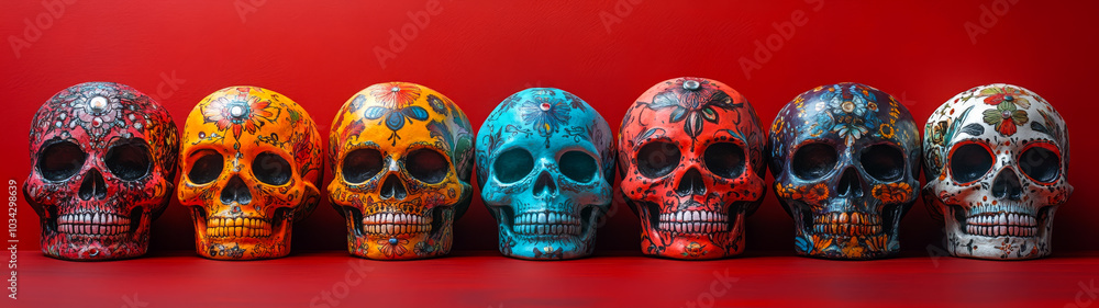 Painted skulls for Dia de los Muertos. A row of vibrant, hand-painted skulls sits against a striking red background, showcasing intricate designs and bright colors. Painted skulls for Dia de los Muertos. A row of vibrant, hand-painted skulls sits against a striking red background, showcasing intricate designs and bright colors.