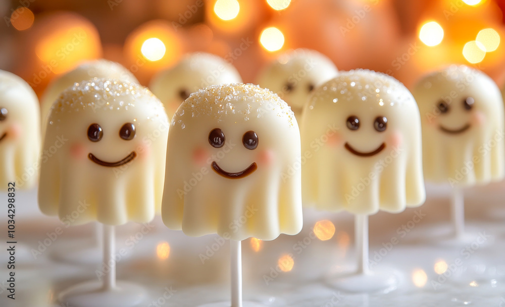 Fototapeta premium Halloween ghost cake pops. Adorable ghost-shaped cake pops with smiles and sparkles, arranged on a festive table for Halloween festivities and treats.