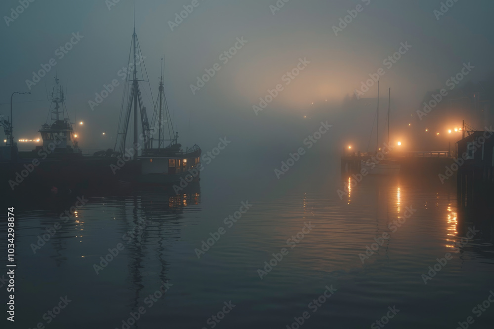 As dawn breaks over the harbor, boats are anchored amidst thick fog, illuminated by soft, glowing lights that reflect on the calm water As dawn breaks over the harbor, boats are anchored amidst thick fog, illuminated by soft, glowing lights that reflect on the calm water
