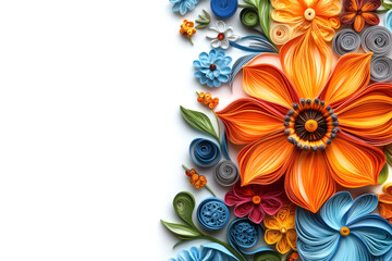 Colorful paper flowers arranged on white background forming a border