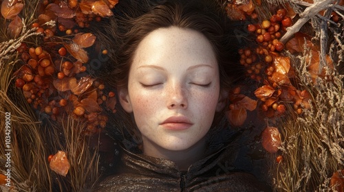 Surreal Close up Portrait with Autumnal Food Halo Expressing Discomfort and Struggle