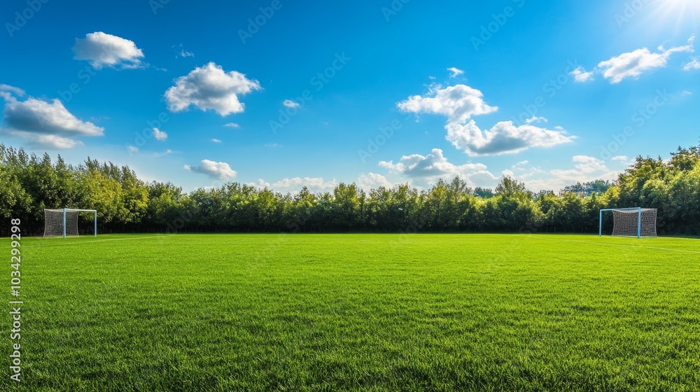 soccer field with lush, green grass, goalposts at either end, and a bright blue sky with a few clouds
