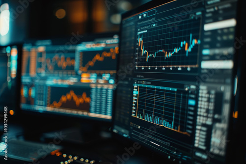 Wallpaper Mural Traders closely monitor stock market fluctuations displayed on multiple screens, with graphs and data visualizations illuminated in a darkened room, indicating active analysis Torontodigital.ca