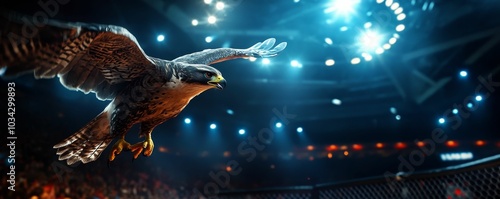 A hawk flying in an arena with lights. photo