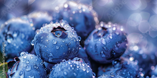 Close-up shot of beautiful ripe blueberries covered in dew drops in a garden on sunny day. Vaccinium in nature, vivid colorful background. photo