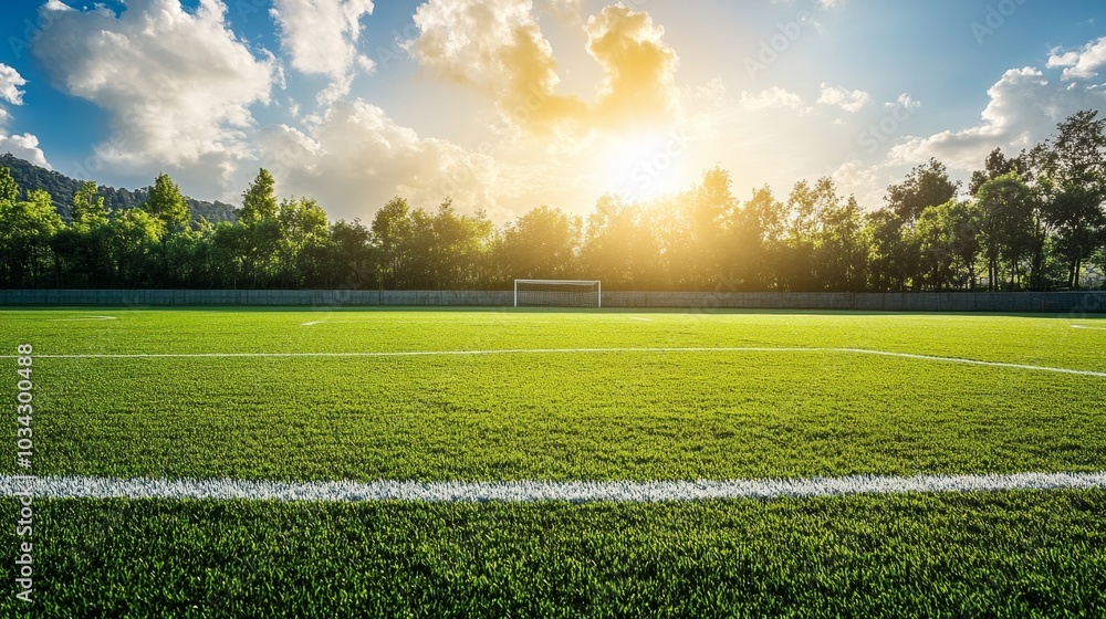 Obraz premium soccer field with well-kept grass, clear white lines, and a backdrop of distant trees under a bright, sunny sky