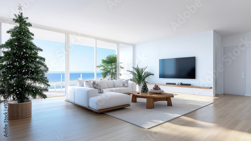 Modern Living Room with Christmas Tree and Ocean View