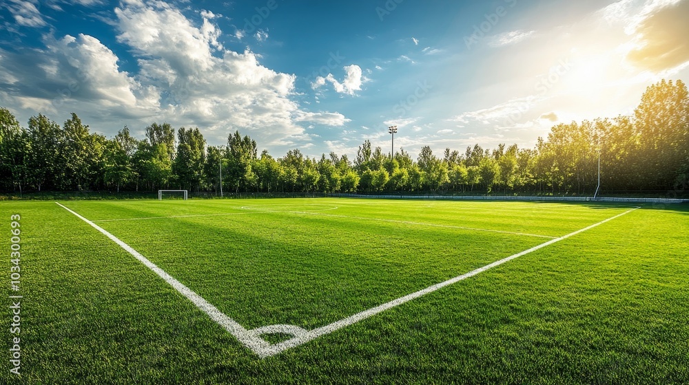 Obraz premium soccer field with well-kept grass, clear white lines, and a backdrop of distant trees under a bright, sunny sky