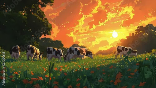 A serene sunset over a field with grazing cows amidst vibrant flowers.