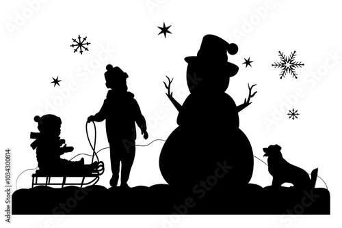 Merry Christmas. Children silhouettes with snowman on white background. Vector illustration.
