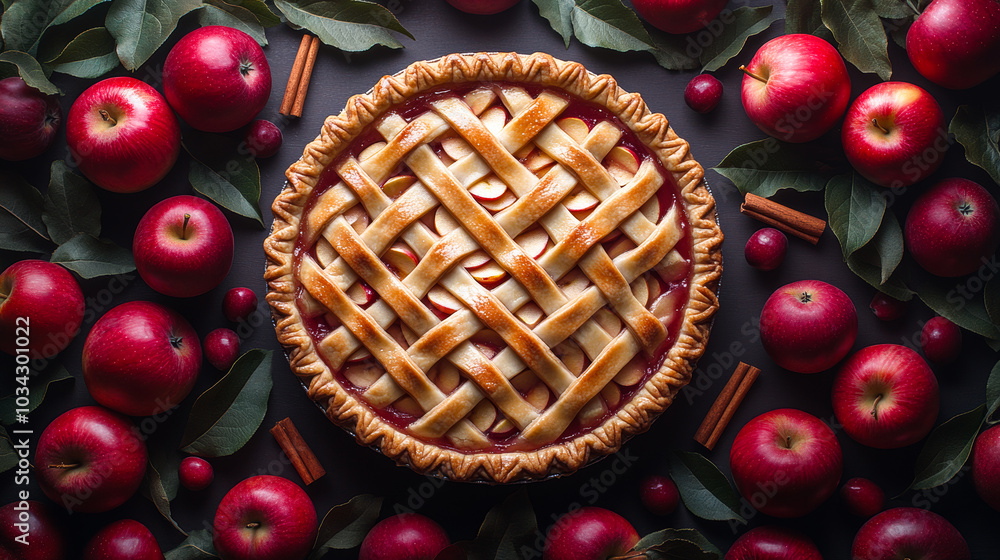 Fresh ingredients, tasty apple pie. A fresh apple pie sits beautifully with ripe apples, cinnamon sticks, and green leaves, showcasing autumn's bounty. Fresh ingredients, tasty apple pie. A fresh apple pie sits beautifully with ripe apples, cinnamon sticks, and green leaves, showcasing autumn's bounty.