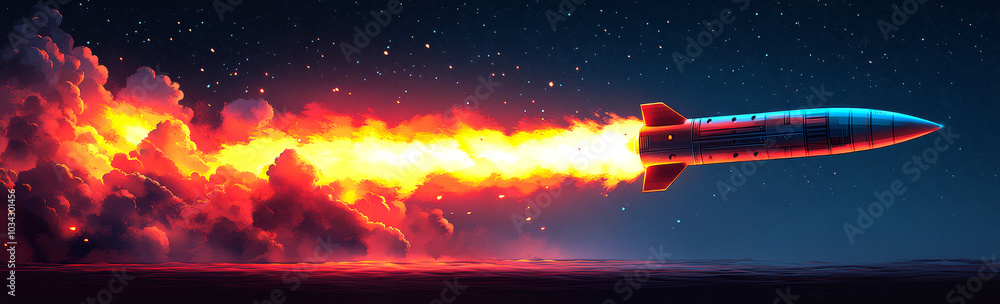 Fototapeta premium Rocket launching into a starry night. A rocket propels into the dark sky, leaving a trail of bright flames against a backdrop of stars during nighttime.