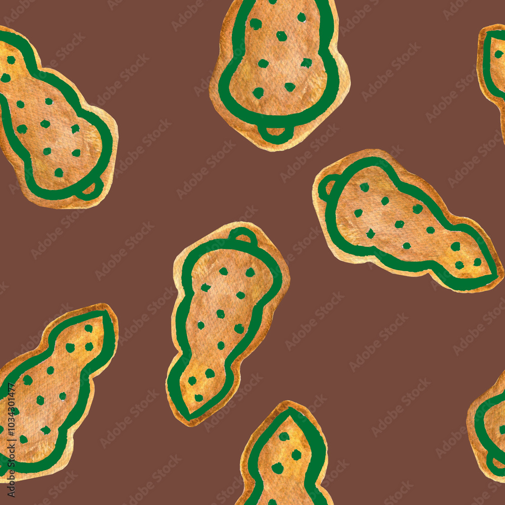 gingerbread tree christmas baking holiday cookies with icing seamless pattern watercolor composition isolated on a brown background base for cards textile tableware gingerbread tree christmas baking holiday cookies with icing seamless pattern watercolor composition isolated on a brown background base for cards textile tableware