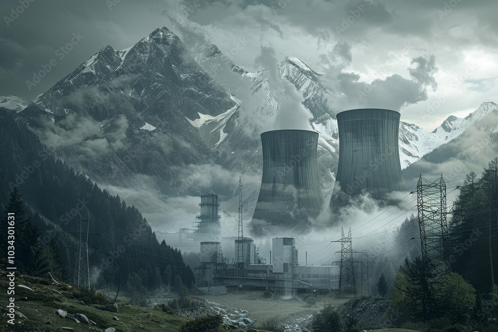 Steam rises from cooling towers of a nuclear power plant nestled in a mountainous region, creating a dramatic contrast against the dark clouds and mist Steam rises from cooling towers of a nuclear power plant nestled in a mountainous region, creating a dramatic contrast against the dark clouds and mist
