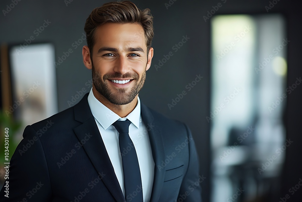 Handsome Businessman in Stylish Suit Smiling Confidently Handsome Businessman in Stylish Suit Smiling Confidently
