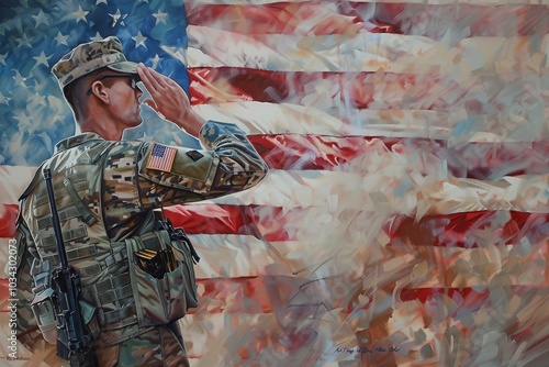 A soldier stands solemnly, saluting the American flag as it billows in the background, embodying a strong sense of duty, honor, and national pride. photo