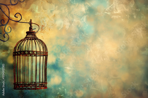 The vintage birdcage, intricately designed, is suspended gracefully against a dreamy blue and gold backdrop, creating a tranquil and artistic atmosphere