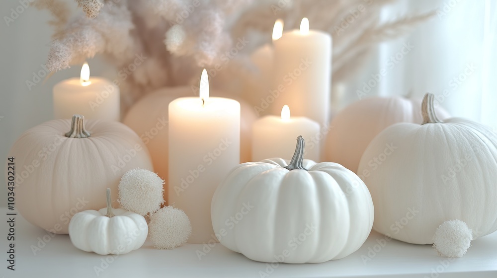 A serene display of white pumpkins and candles, creating a cozy, autumnal aesthetic with soft textures and gentle lighting. A serene display of white pumpkins and candles, creating a cozy, autumnal aesthetic with soft textures and gentle lighting.
