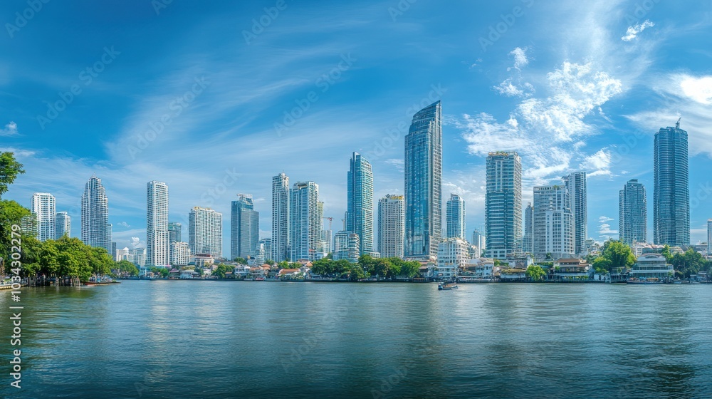 A panoramic view of a modern city skyline along a river under a bright blue sky. A panoramic view of a modern city skyline along a river under a bright blue sky.