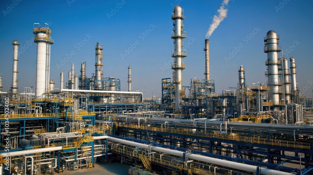 A large industrial complex with tall structures and smoke emissions under a clear blue sky. A large industrial complex with tall structures and smoke emissions under a clear blue sky.