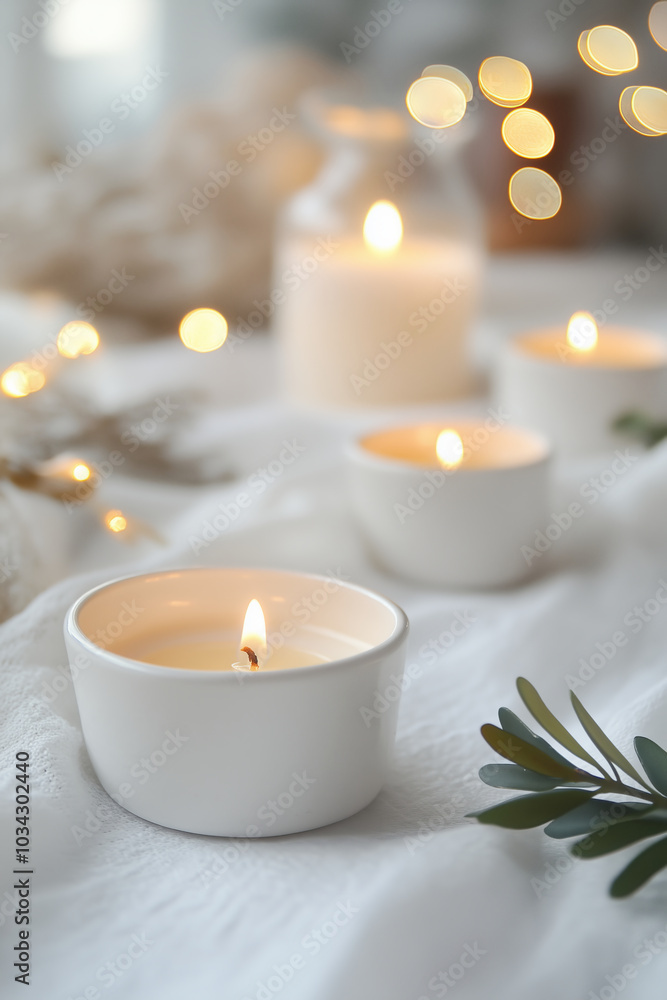 Small candles lit on light background with blurred lights in bokeh. Celebrating festive season in cozy home. Festive banner. Small candles lit on light background with blurred lights in bokeh. Celebrating festive season in cozy home. Festive banner.