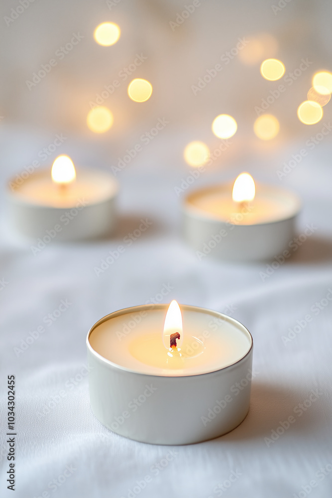 Small candles lit on light background with blurred lights in bokeh. Celebrating festive season in cozy home. Festive banner. Small candles lit on light background with blurred lights in bokeh. Celebrating festive season in cozy home. Festive banner.