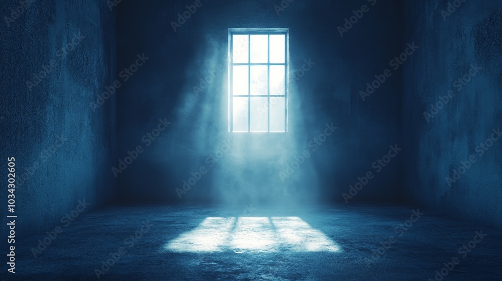Obraz premium A window in a dark room with a blue wall