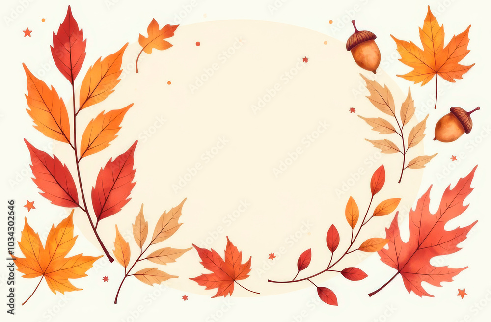 Autumn background with red leaves and acorns. Space for text Autumn background with red leaves and acorns. Space for text