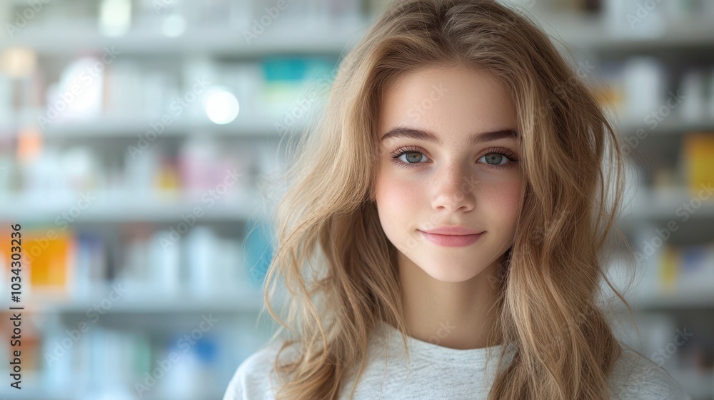 Young Woman with Long Blonde Hair Smiling in a Store Young Woman with Long Blonde Hair Smiling in a Store