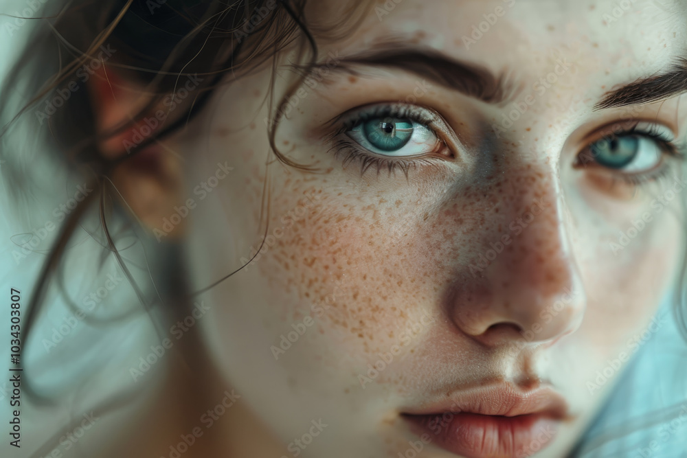 A young woman gazes intently, her blue eyes and freckles highlighted by soft lighting. The intimate close-up captures her natural beauty and serene demeanor A young woman gazes intently, her blue eyes and freckles highlighted by soft lighting. The intimate close-up captures her natural beauty and serene demeanor