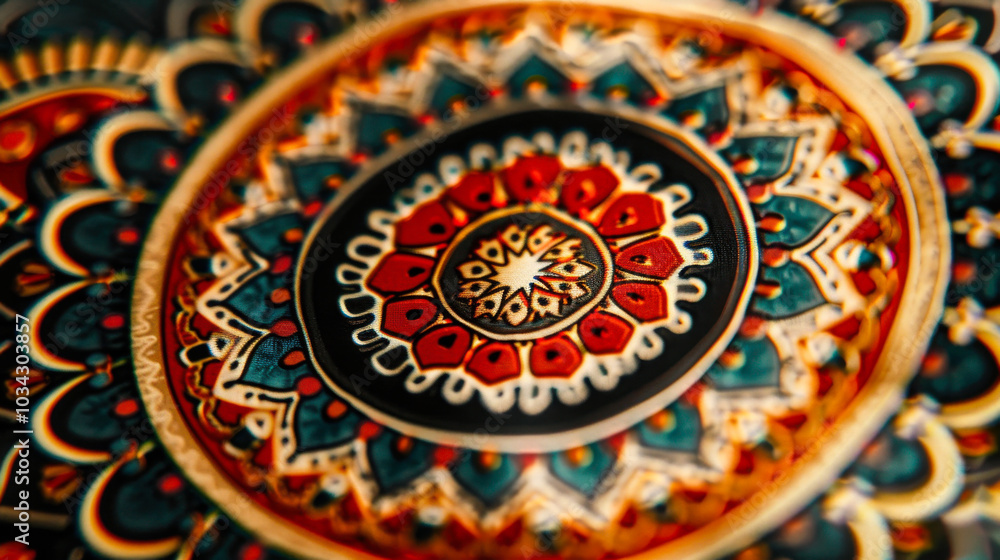 Ornate circular mandala with detailed patterns on fabric Ornate circular mandala with detailed patterns on fabric