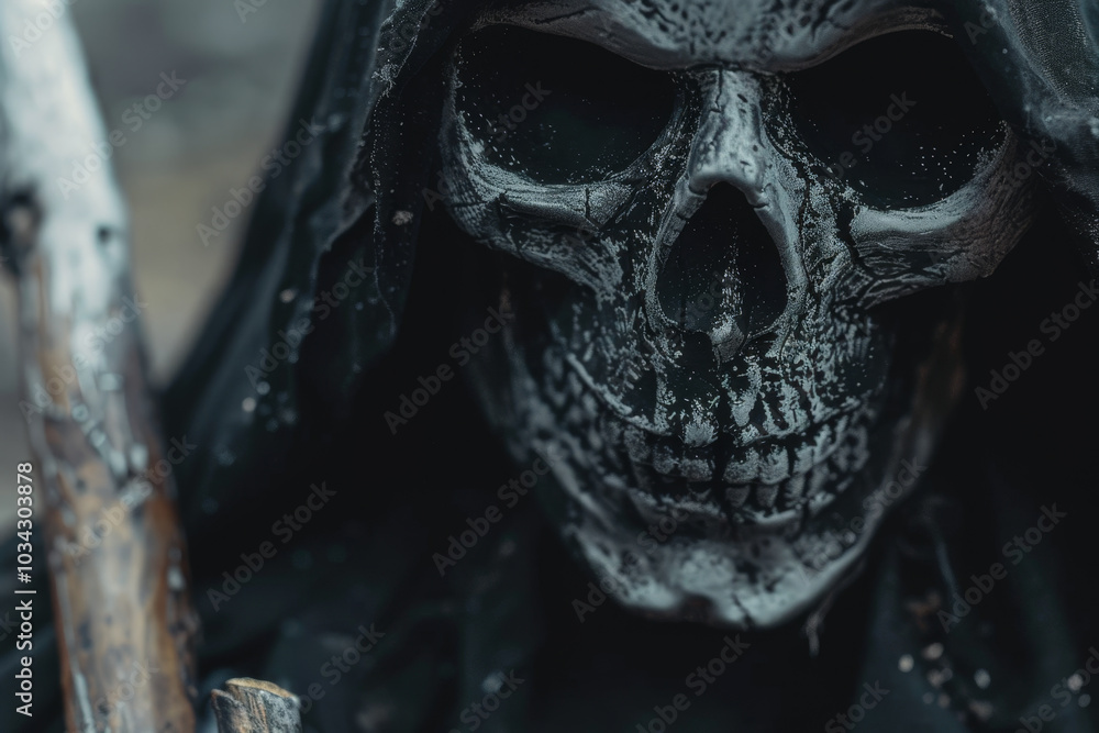 The skull figure stands menacingly, draped in dark clothing that accentuates its eerie features. The setting suggests an atmosphere of mystery and unease, enhancing the figure's haunting presence The skull figure stands menacingly, draped in dark clothing that accentuates its eerie features. The setting suggests an atmosphere of mystery and unease, enhancing the figure's haunting presence