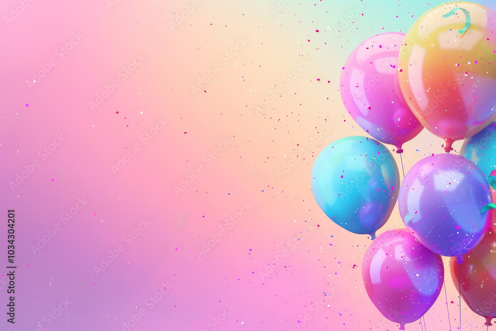 A group of colorful balloons floats against a soft, pastel background filled with sparkling glitter, perfect for a celebration or festive occasion A group of colorful balloons floats against a soft, pastel background filled with sparkling glitter, perfect for a celebration or festive occasion