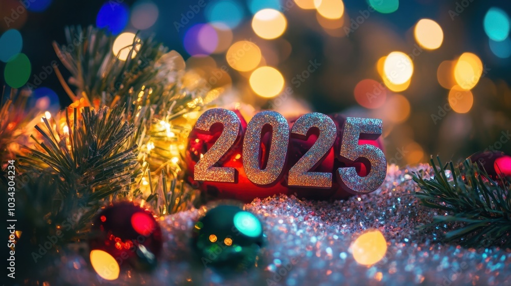 New Year 2025 decorations with festive lights New Year 2025 decorations with festive lights