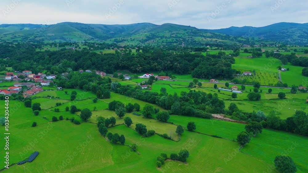 Spring landscape around the village of Villacarriedo. Aerial view from a drone. Pas-Miera region. Cantabria, Spain, Europe Spring landscape around the village of Villacarriedo. Aerial view from a drone. Pas-Miera region. Cantabria, Spain, Europe