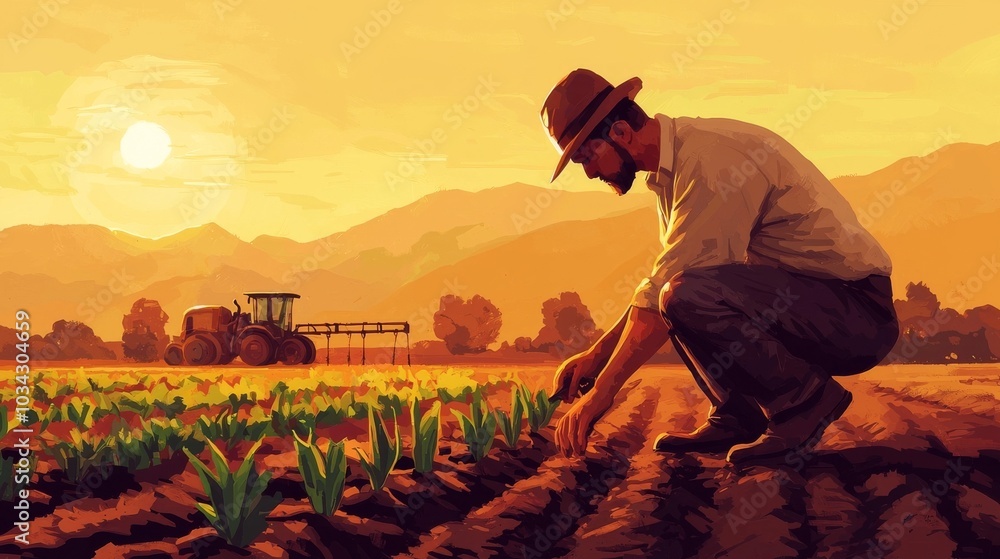Farmer Working in Field at Sunset. Farmer Working in Field at Sunset.