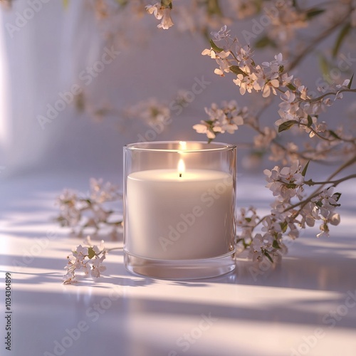 A serene candle burns softly beside delicate flowers, creating a tranquil and inviting atmosphere in a softly lit space.