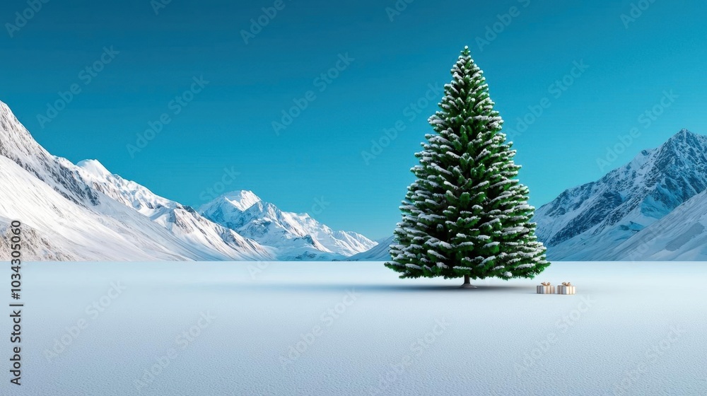 Christmas tree standing in a quiet snowy valley with gifts scattered beneath Christmas tree standing in a quiet snowy valley with gifts scattered beneath