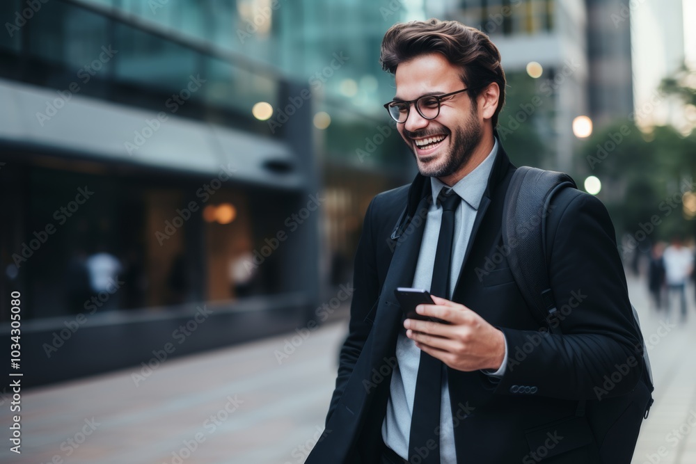 A young business professional in a suit walks confidently along a city street, smiling as he checks his smartphone amidst a lively urban atmosphere A young business professional in a suit walks confidently along a city street, smiling as he checks his smartphone amidst a lively urban atmosphere