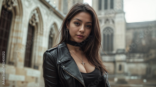 portrait of a woman wearing a black leather jacket