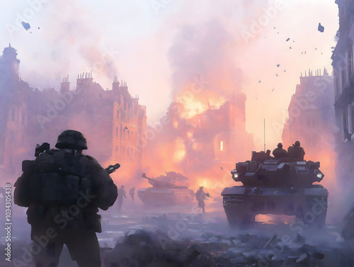 Urban Warfare Soldier Tank and Burning Buildings