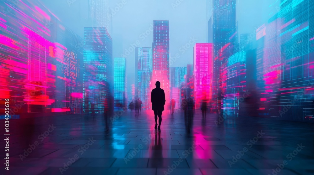 Futuristic Cityscape with a Silhouette of a Person. Futuristic Cityscape with a Silhouette of a Person.