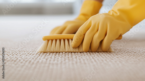 A close-up of hands wearing bright yellow cleaning gloves scrubbing a light-colored carpet with a brush. photo