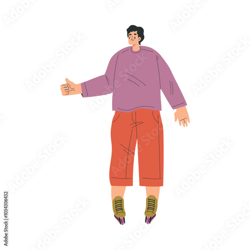 Man Character Roller Skating Ride on Rollers Vector Illustration