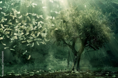 Amidst a lush forest, a unique tree stands tall, with banknotes drifting through the air, creating a magical atmosphere under the warm sunlight.