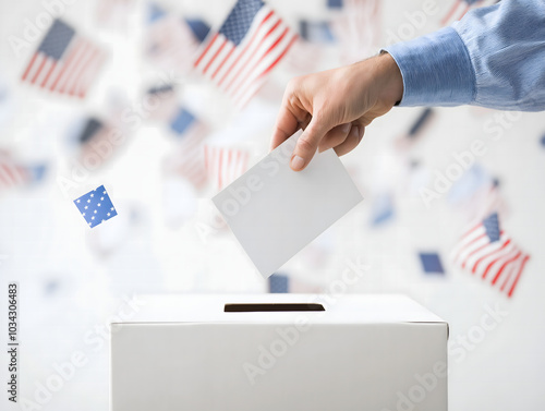Hand Casting Ballot in Election Ballot Box with American Flags