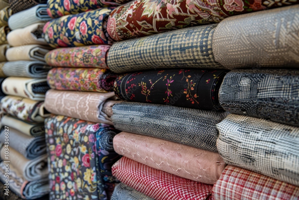 Various rolled fabrics featuring intricate patterns and colors are stacked neatly in a textile shop, creating an inviting view for enthusiasts and designers alike. Various rolled fabrics featuring intricate patterns and colors are stacked neatly in a textile shop, creating an inviting view for enthusiasts and designers alike.
